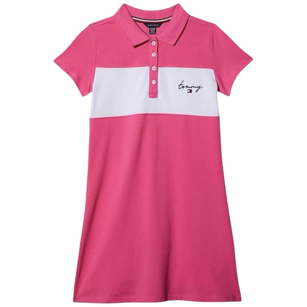 Girls Tommy Hilfiger Pink and White Polo Dress Size M 8/10 100%Cotton Golf dress